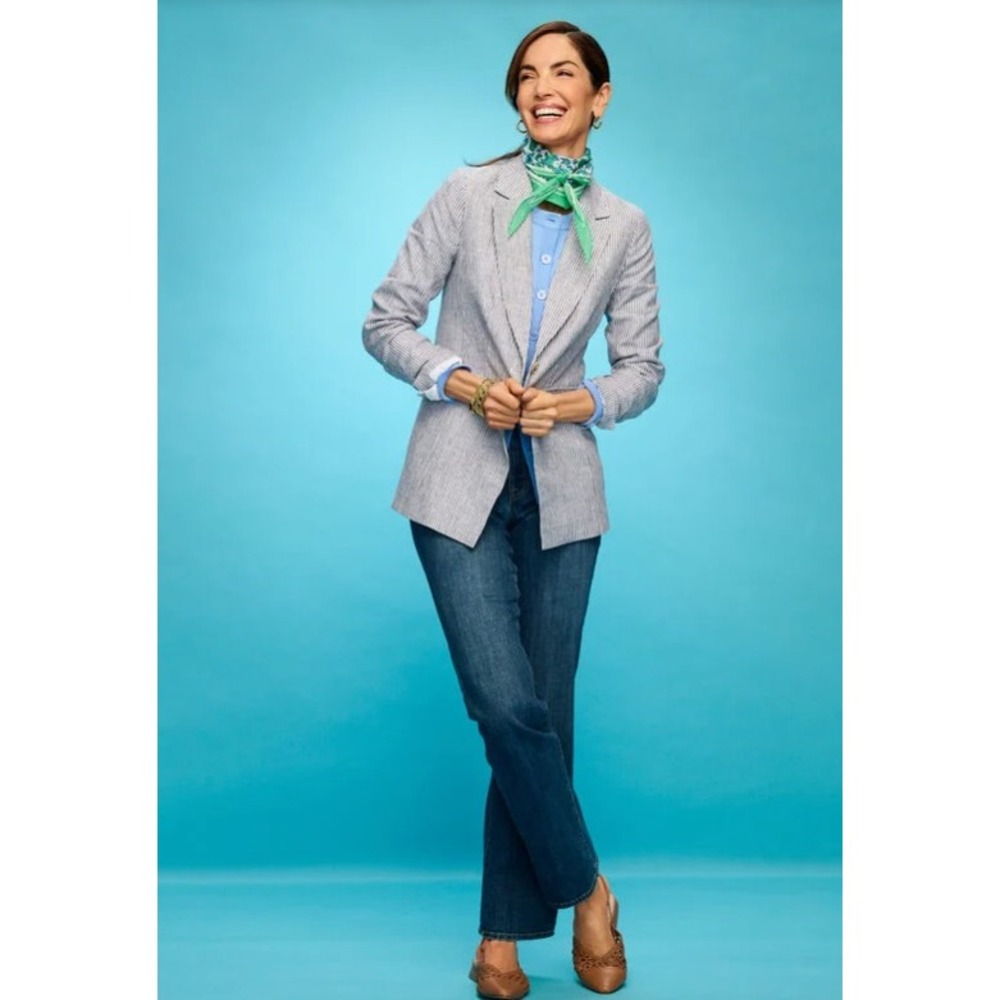 TALBOTS Classic Linen Single Button Blazer Spring Stripe 12P Petite Blue White